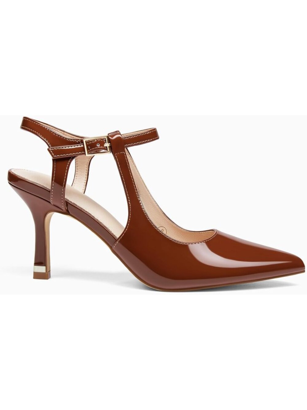 Women's Brown High Heel Pointed Toe Ankle Strap Pumps Patent Leather Dress Shoes - Picture 2 of 5